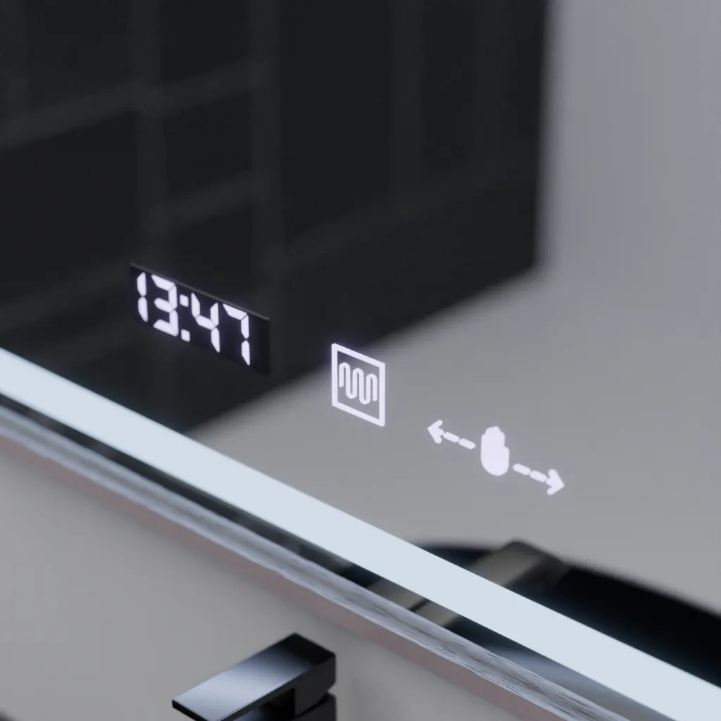 OGLINDA LED 60x80 CM VENTO IMPERIAL SILVER – CU SENZOR TOUCH, CEAS, TERMOMETRU, DEZABURIRE ȘI ILUMINARE DIMABILĂ