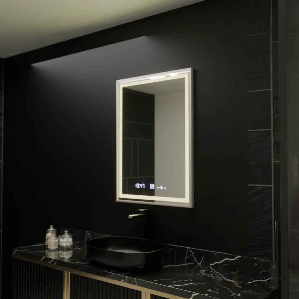 OGLINDA LED 60x80 CM VENTO IMPERIAL SILVER – CU SENZOR TOUCH, CEAS, TERMOMETRU, DEZABURIRE ȘI ILUMINARE DIMABILĂ