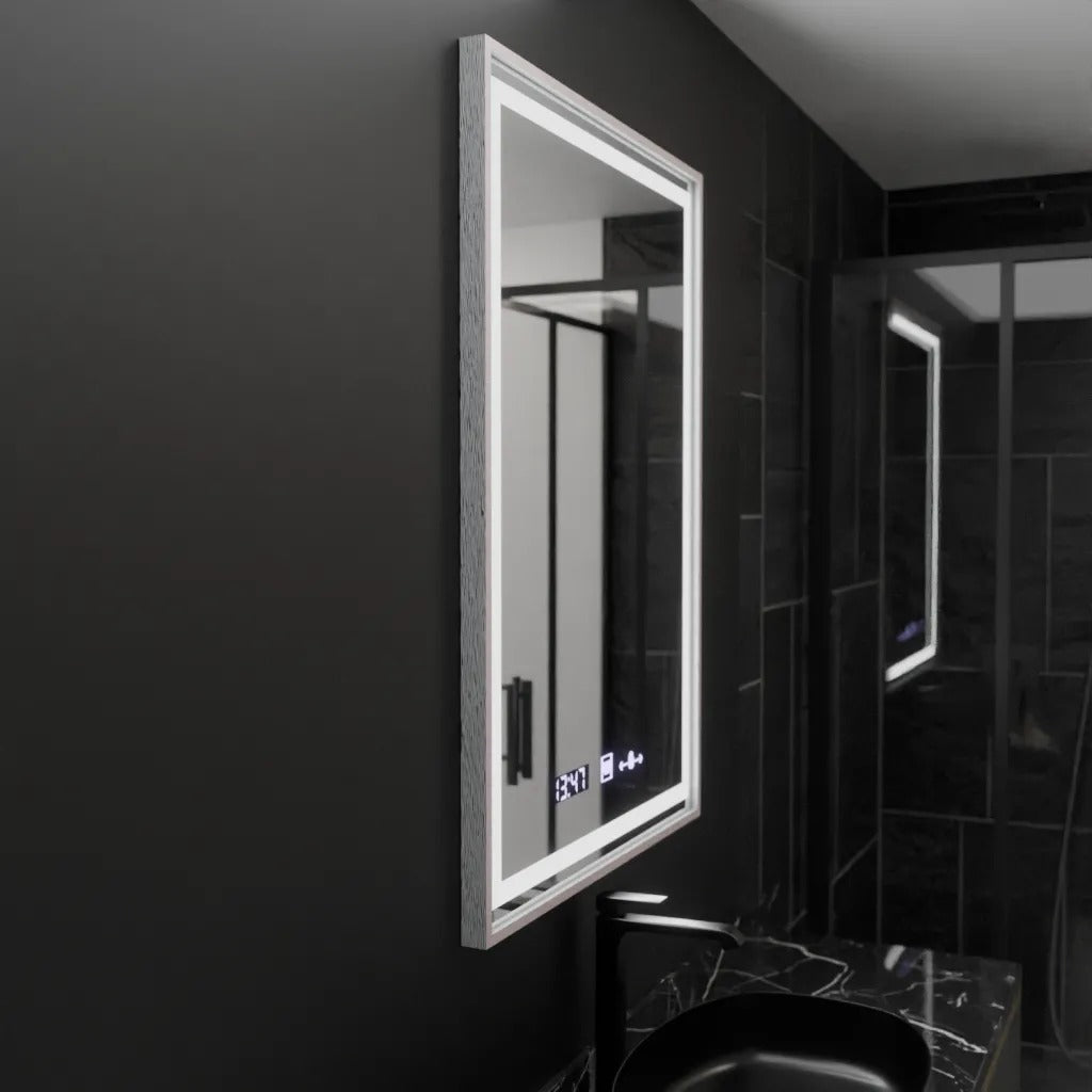 OGLINDA LED 60x80 CM VENTO IMPERIAL SILVER – CU SENZOR TOUCH, CEAS, TERMOMETRU, DEZABURIRE ȘI ILUMINARE DIMABILĂ