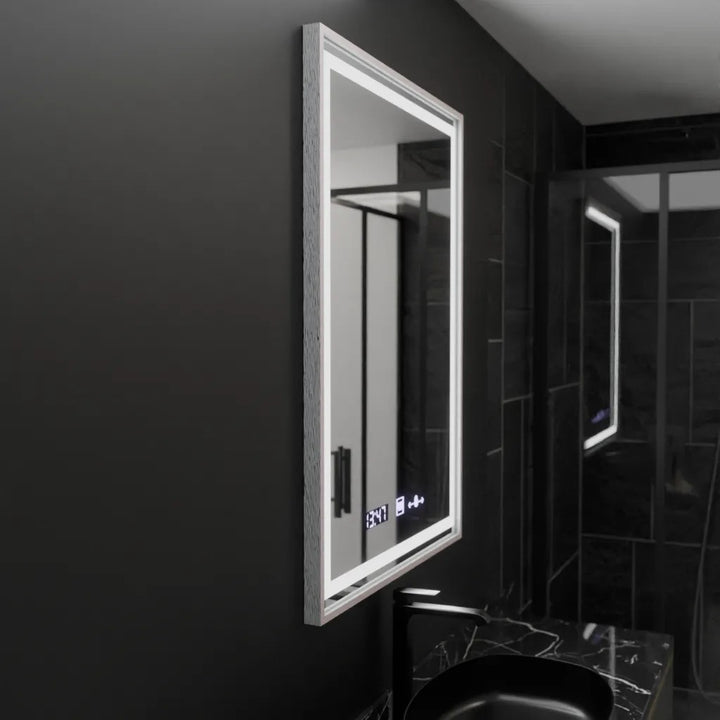 OGLINDA LED 60x80 CM VENTO IMPERIAL SILVER – CU SENZOR TOUCH, CEAS, TERMOMETRU, DEZABURIRE ȘI ILUMINARE DIMABILĂ