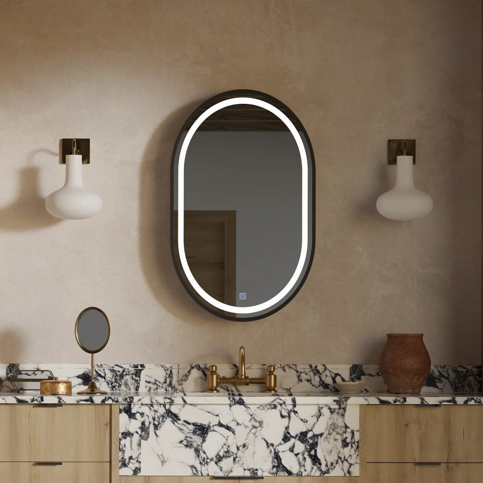 Dulap Baie cu Oglinda LED Ovala 50x80cm 3 Lumini si Dezaburire