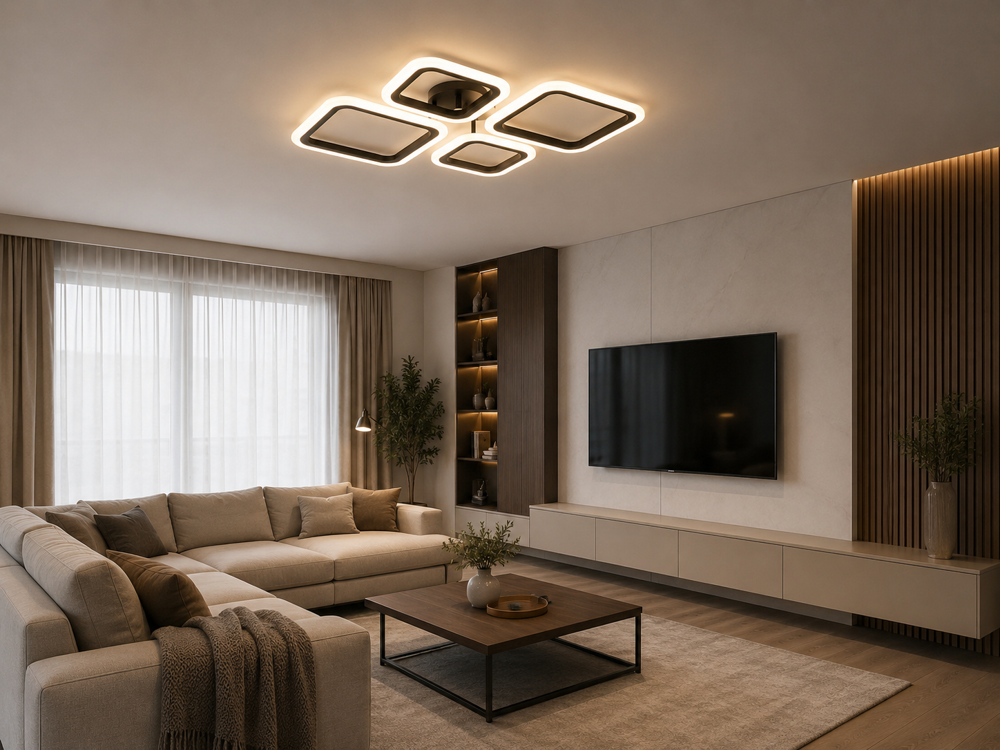 Lustra LED moderna cu telecomanda, 72W, 3000–6500K, 600×435×70 mm – model 8036/2+2BK