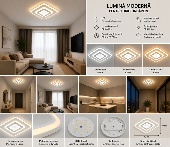 Plafoniera LED, Patrata, Moderna 6046/300A WH+CR – Alb & Crom, 39W, 3000K–6500K
