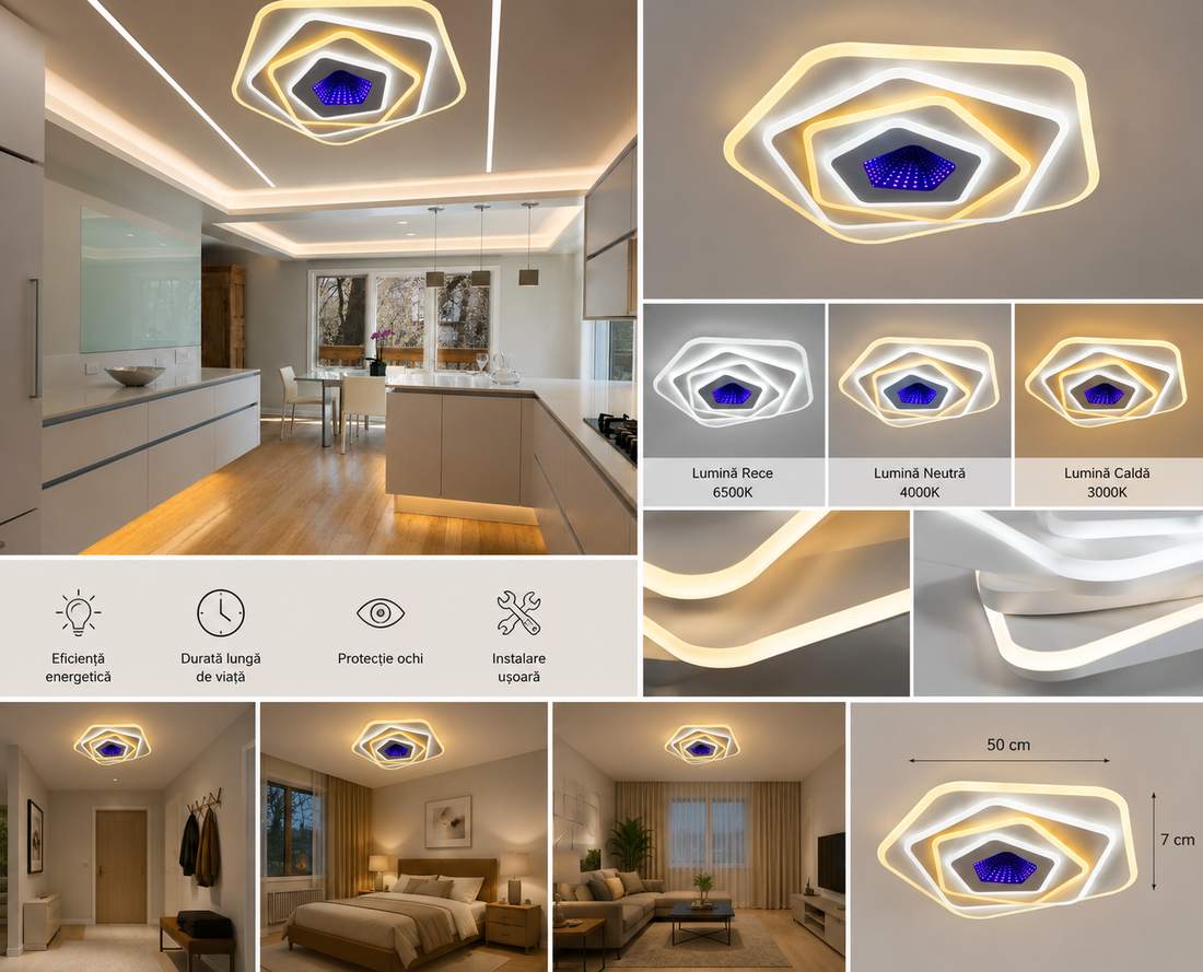 Plafoniera LED cu telecomanda, 94W, lumină reglabilă 3000K–6500K, Ø400×H75 mm, design rotund compact DZ6
