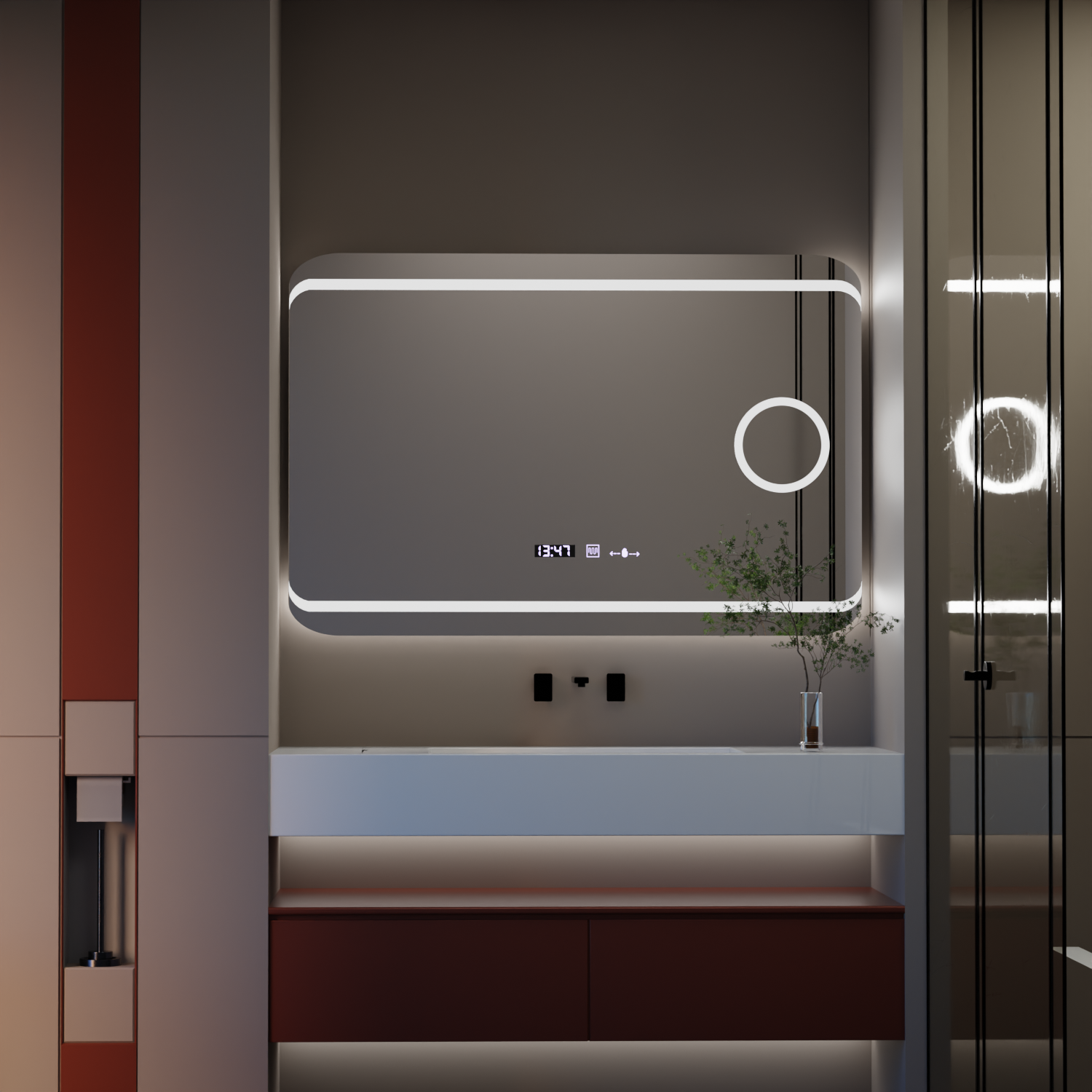 Oglinda LED 120×80 cm cu senzor, dezaburire, ceas, termometru și lupă cosmetică