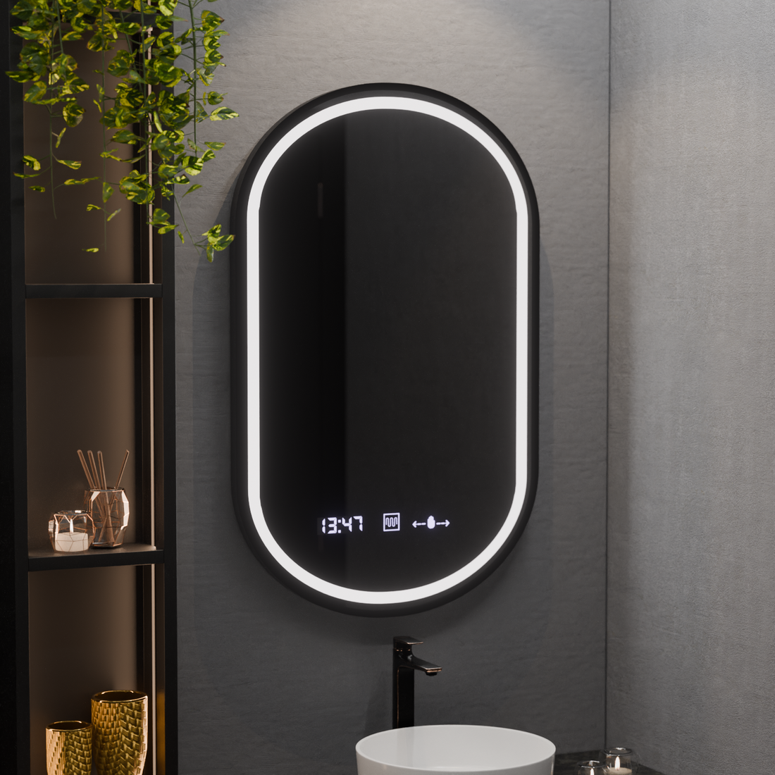 Oglinda LED Ovala 50x80 cm, cu Senzor, Iluminare Dimabilă, Dezaburire, Ceas și Termometru