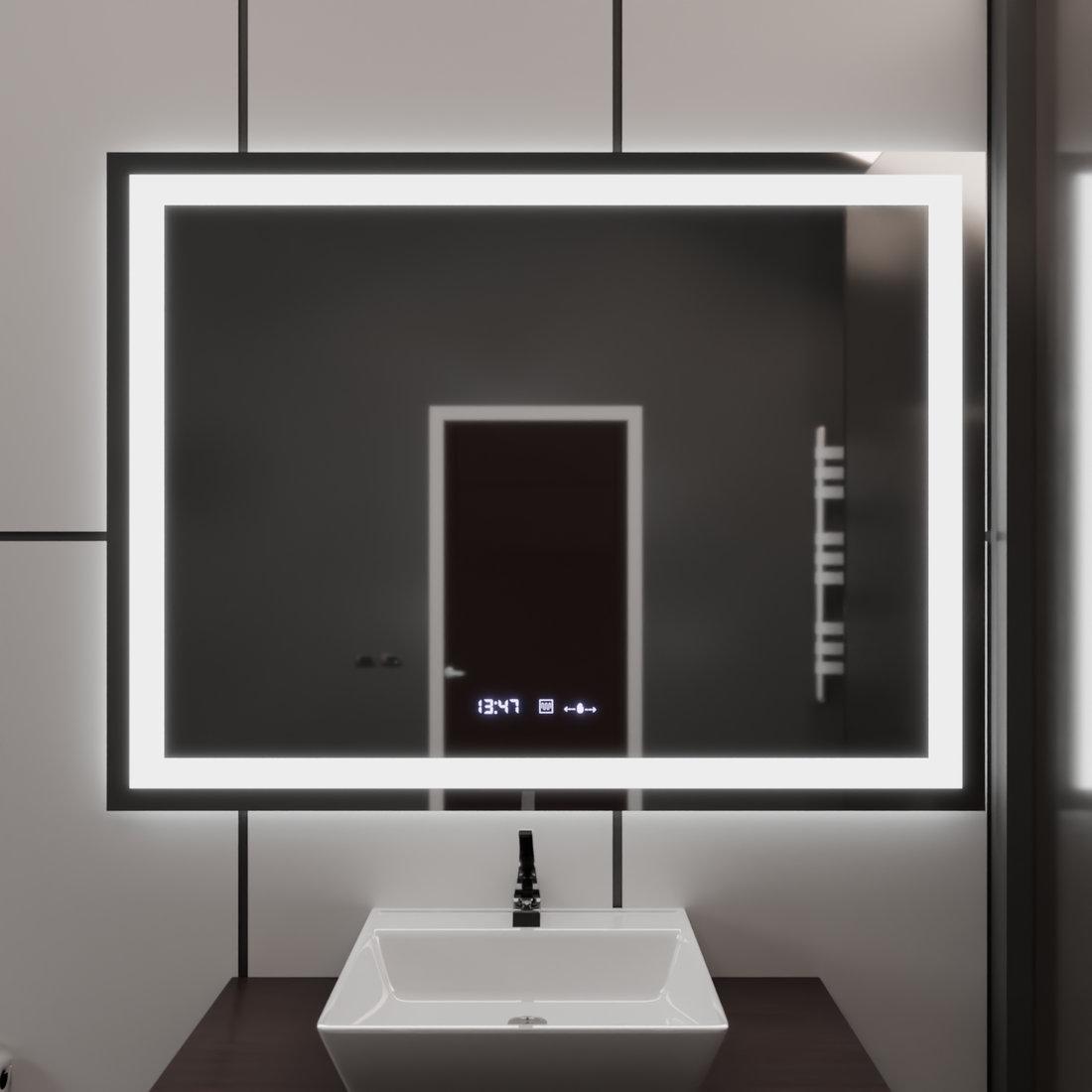 Oglinda LED 120x80cm cu Iluminare Dimabilă, Senzor Touch, Dezaburire, Ceas și Termometru