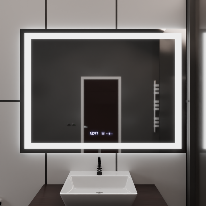 Oglinda LED 120x80cm cu Iluminare Dimabilă, Senzor Touch, Dezaburire, Ceas și Termometru