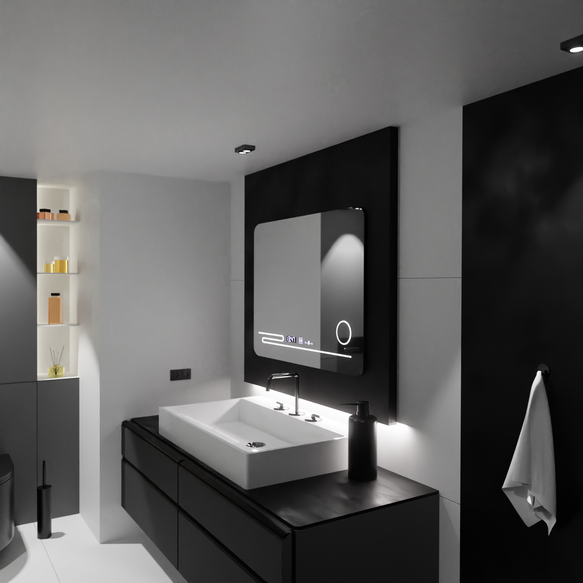 Oglinda LED 80×60 cm cu senzor, dezaburire, ceas digital, lupa si lumină reglabila