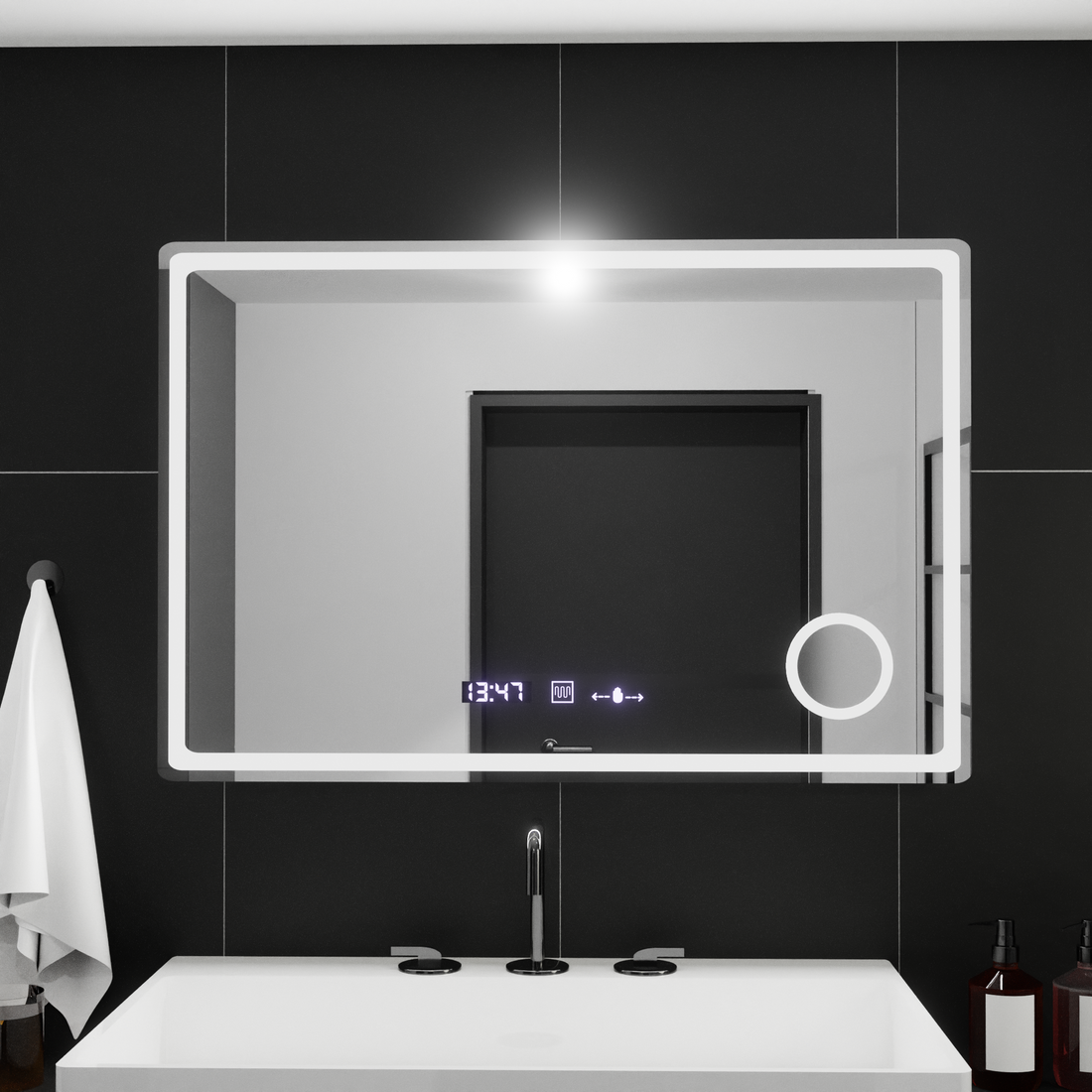 Oglinda LED 90×60 cm cu senzor, dezaburire, ceas digital și lumină reglabilă