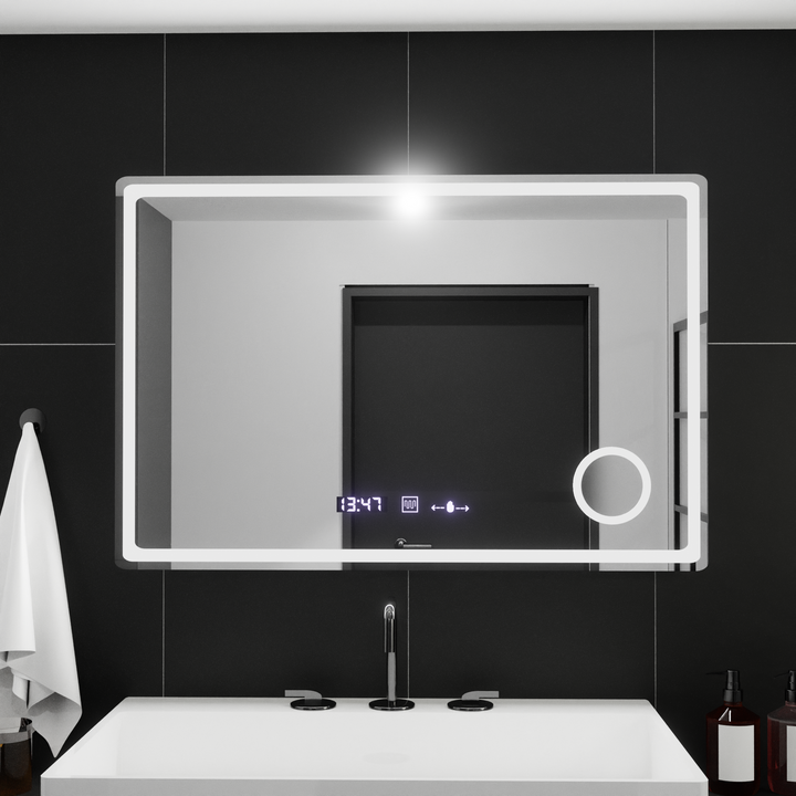 Oglinda LED 90×60 cm cu senzor, dezaburire, ceas digital și lumină reglabilă