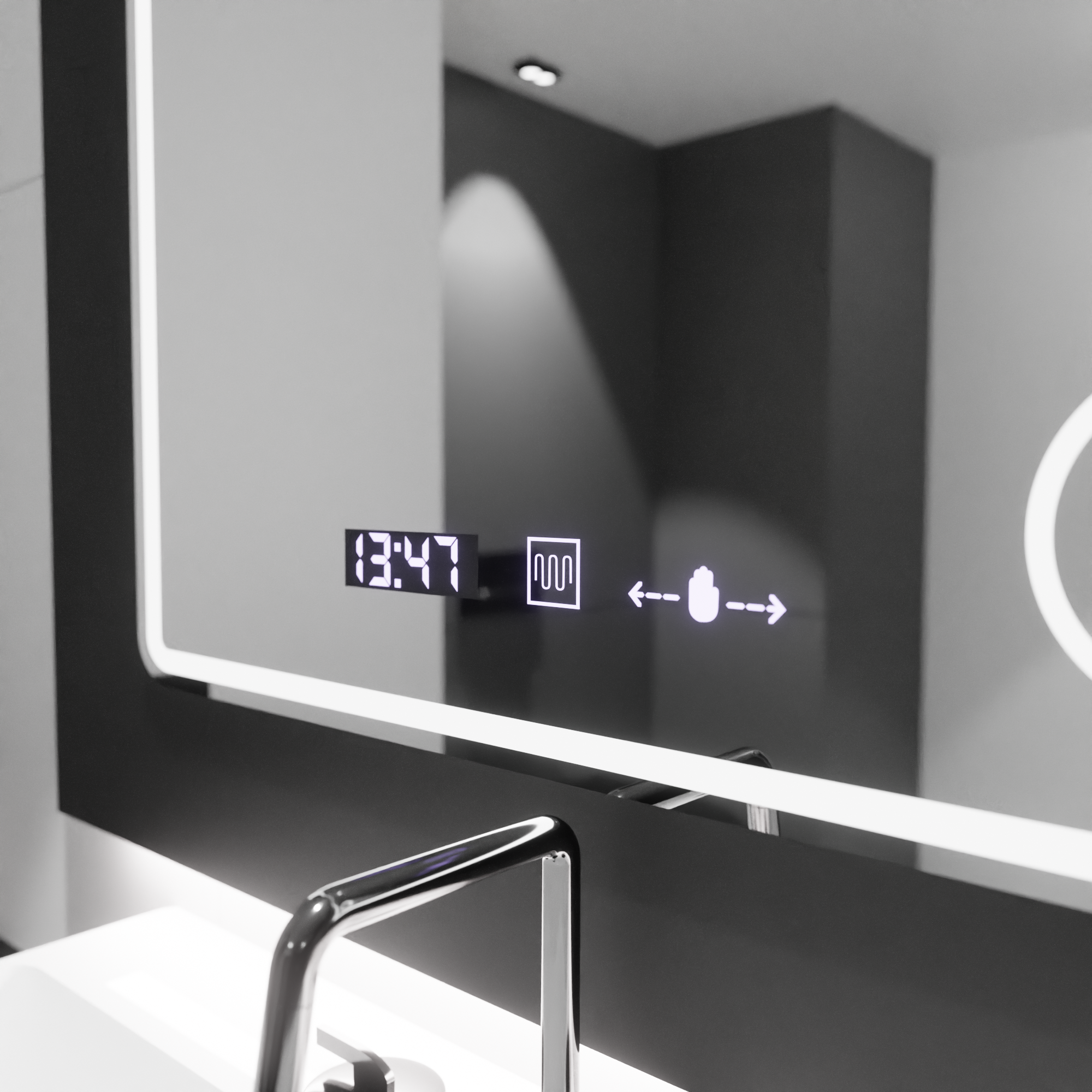 Oglinda LED dreptunghiulara 90×75 cm cu senzor, dezaburire, lupă, ceas și lumină reglabilă