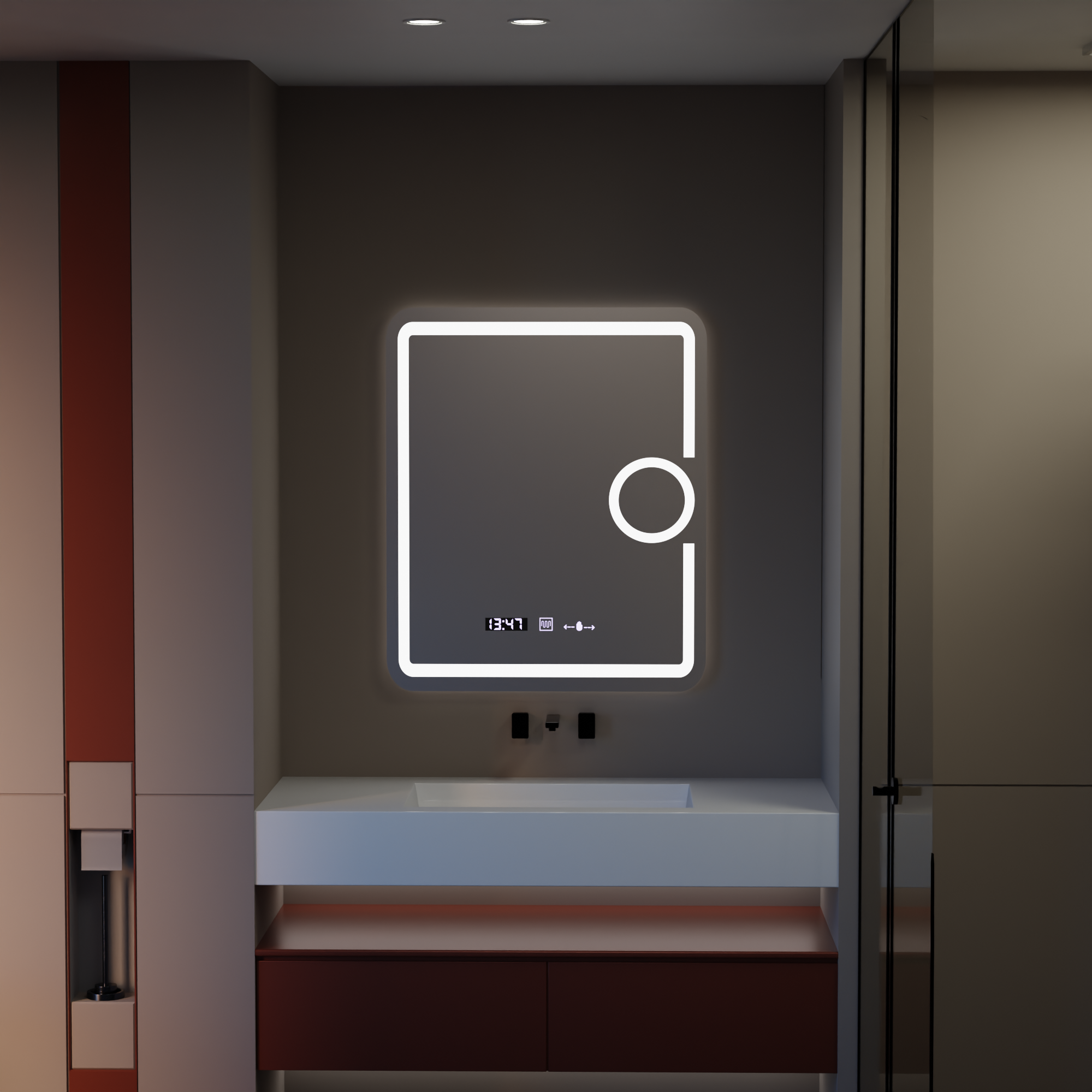 Oglinda LED 75x90 cm cu Lumină Reglabilă, Senzor Touch, Dezaburire, Ceas, Termometru și Lupă