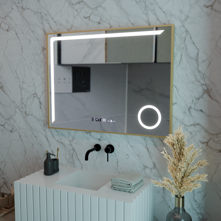 Oglinda LED 80×60 cm cu ramă neagră, senzor, dezaburire, ceas, termometru și lumină reglabilă