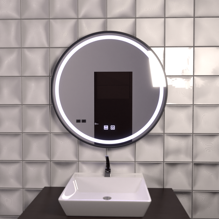 Oglinda LED Rotundă cu Touch, 60cm, Iluminare Rece, Sistem Dezaburire, Ramă Neagră