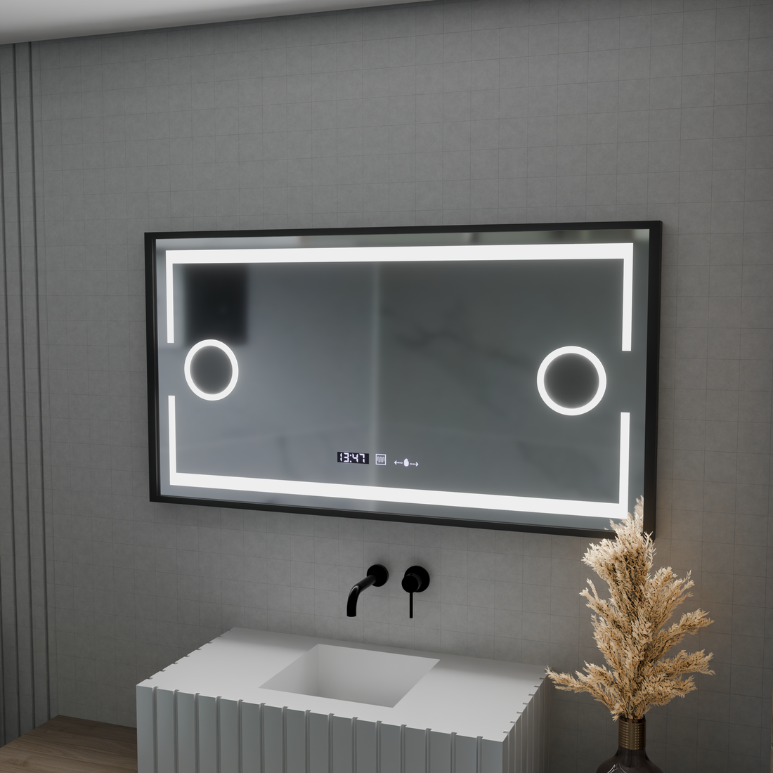 Oglinda LED Senzor cu functie Dezaburire Termometru Ceas 120x65 cm Lumina Rece/Calda/Neutra Dimabila, Rama Negra