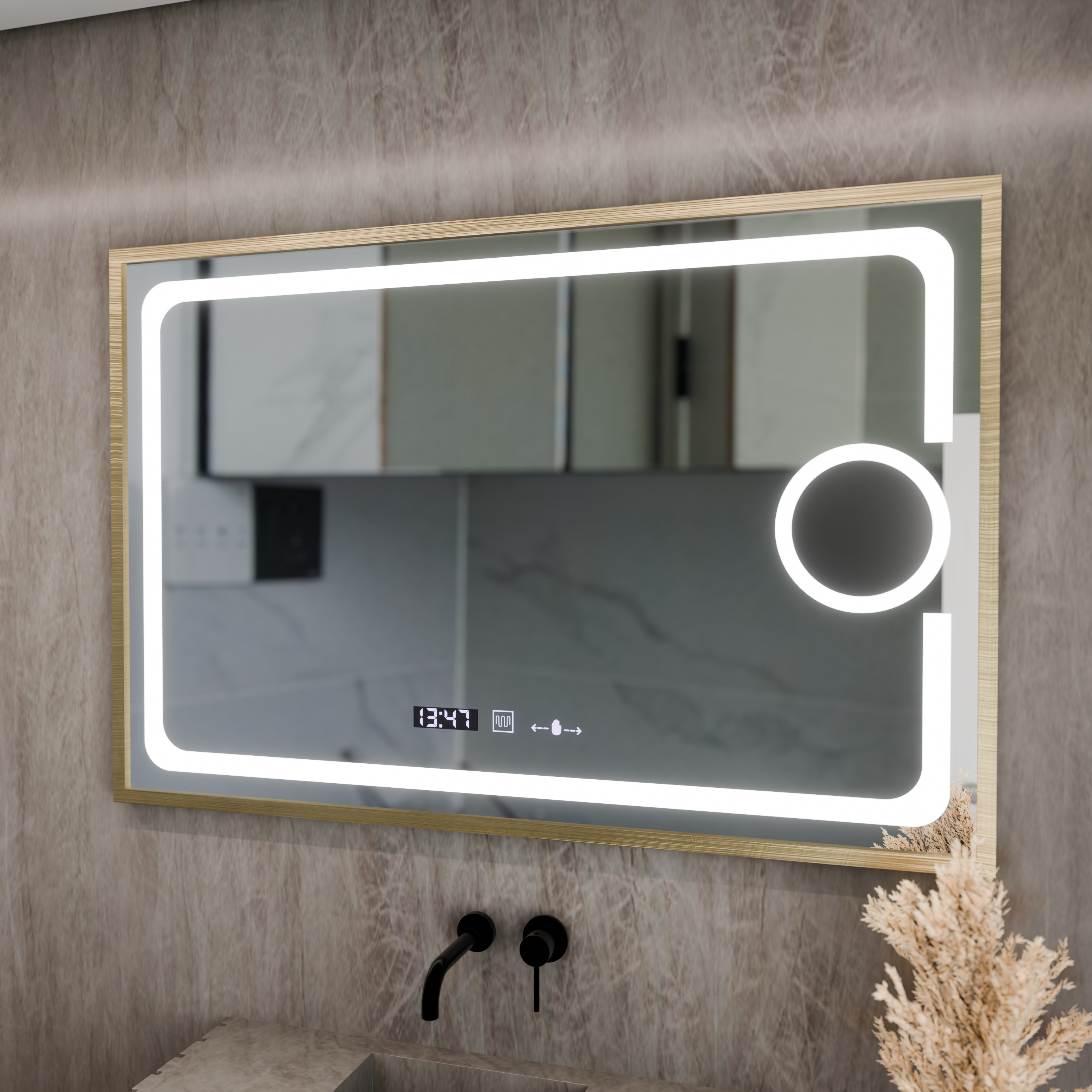 Oglindă LED 120×80 cm cu senzor, 3 tipuri de lumină, dezaburire și afișaj digital – IP44