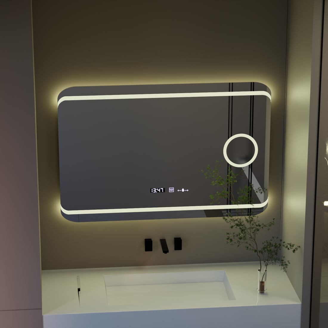 Oglinda LED 100×60 cm cu senzor, dezaburire, ceas digital, termometru și lupă cosmetică