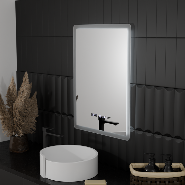 Oglinda LED 50×70 cm cu senzor, dezaburire, ceas digital, termometru și lumină reglabilă