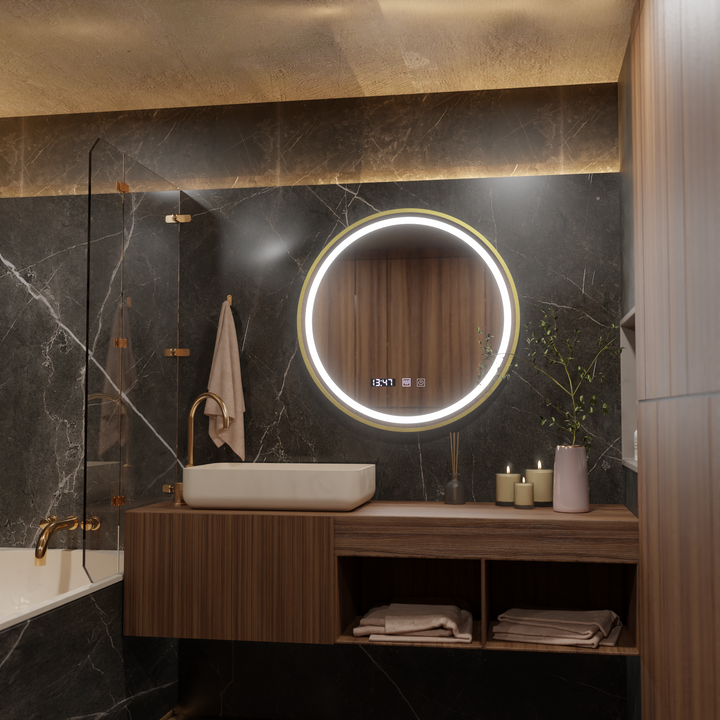 Oglinda LED Touch  Sistem Dezaburire, Ceas si Temperatura, 50 cm, Rama Auriu