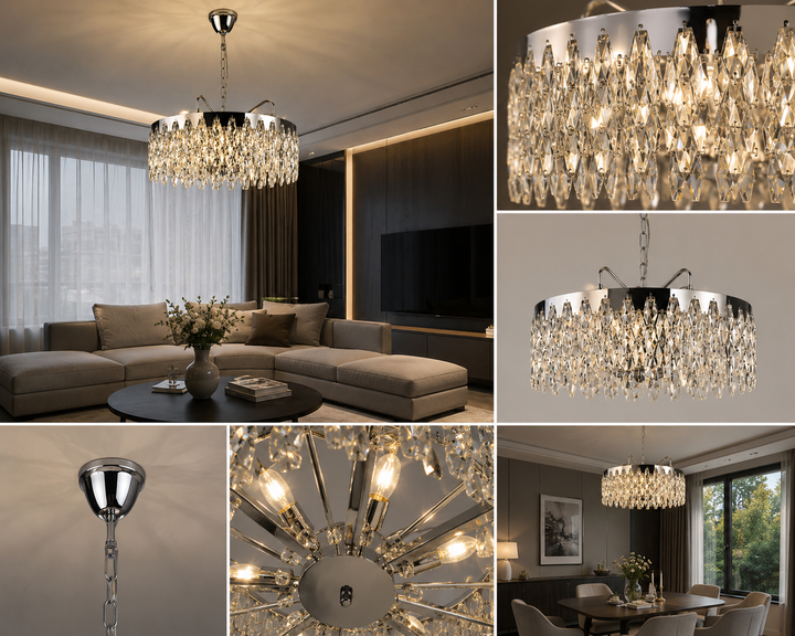 Candelabru cu cristale, 12 becuri E27, Ø600×H640 mm, montaj suspendat, design luxos cromat