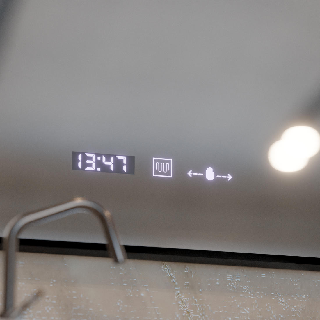 Oglinda LED 80×60 cm cu ramă neagră, senzor, dezaburire, ceas, termometru și lumină reglabilă