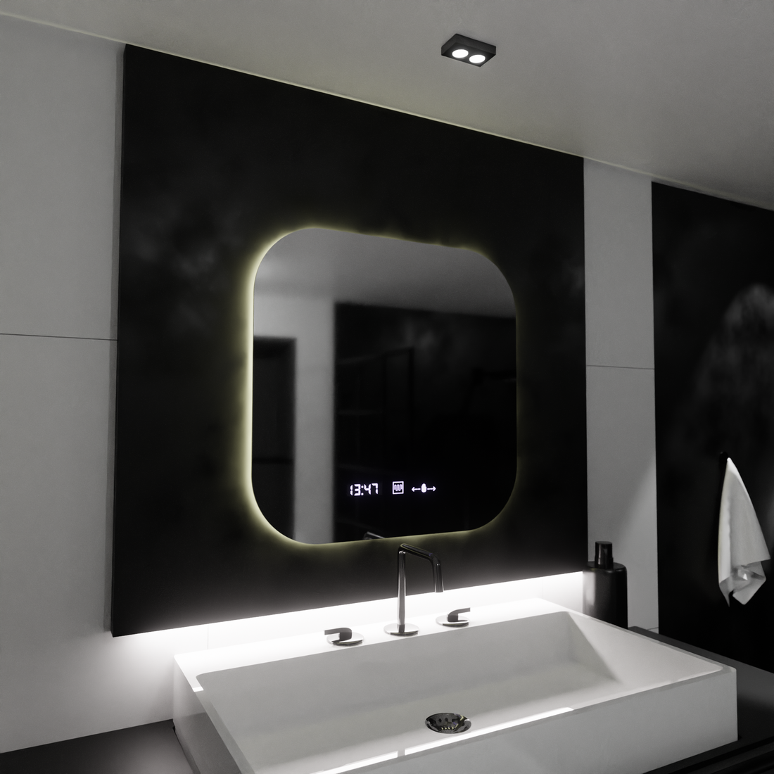 Oglinda LED 60×60 cm cu dezaburire, ceas digital și lumină reglabilă
