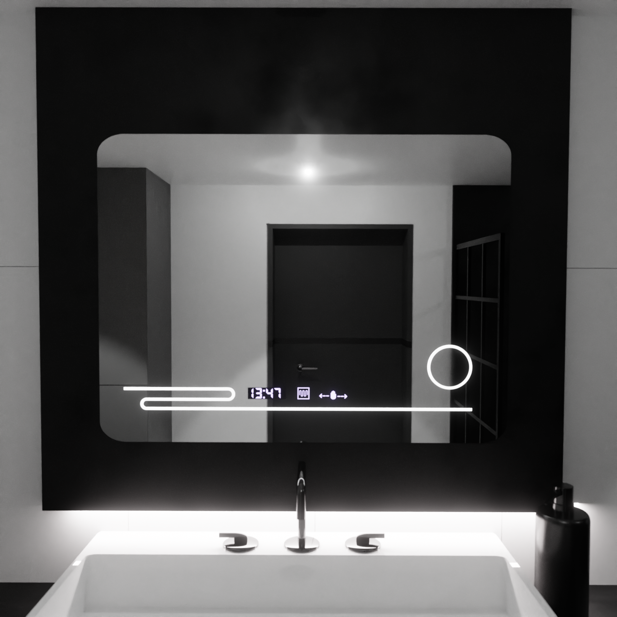 Oglinda LED 80×60 cm cu senzor, dezaburire, ceas digital, lupa si lumină reglabila