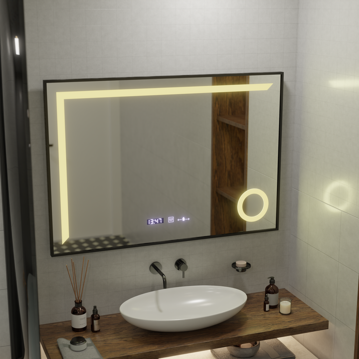 Oglinda LED 110×75 cm cu ramă neagră, senzor, dezaburire, ceas, termometru și lumină reglabilă