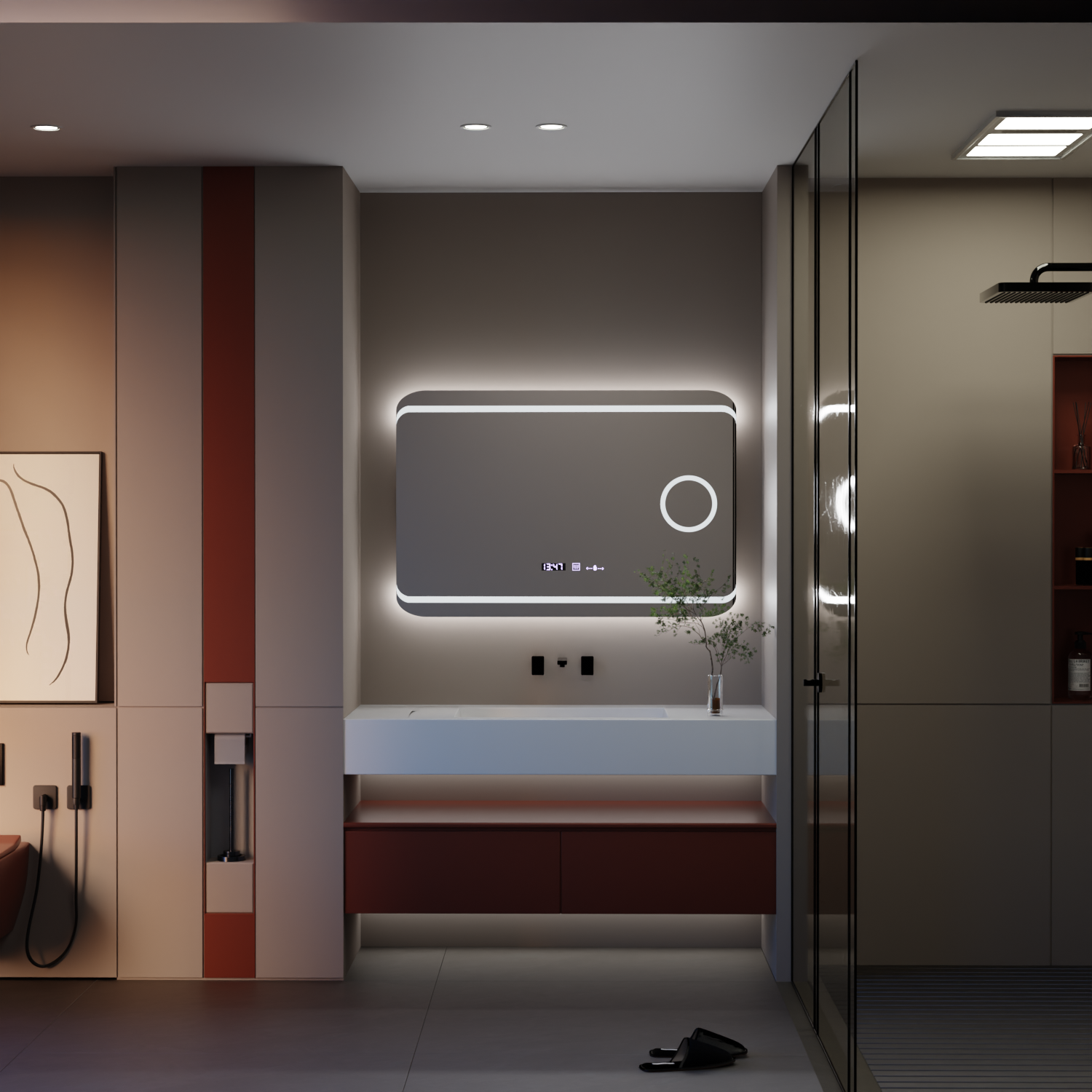 Oglinda LED 100×60 cm cu senzor, dezaburire, ceas digital, termometru și lupă cosmetică