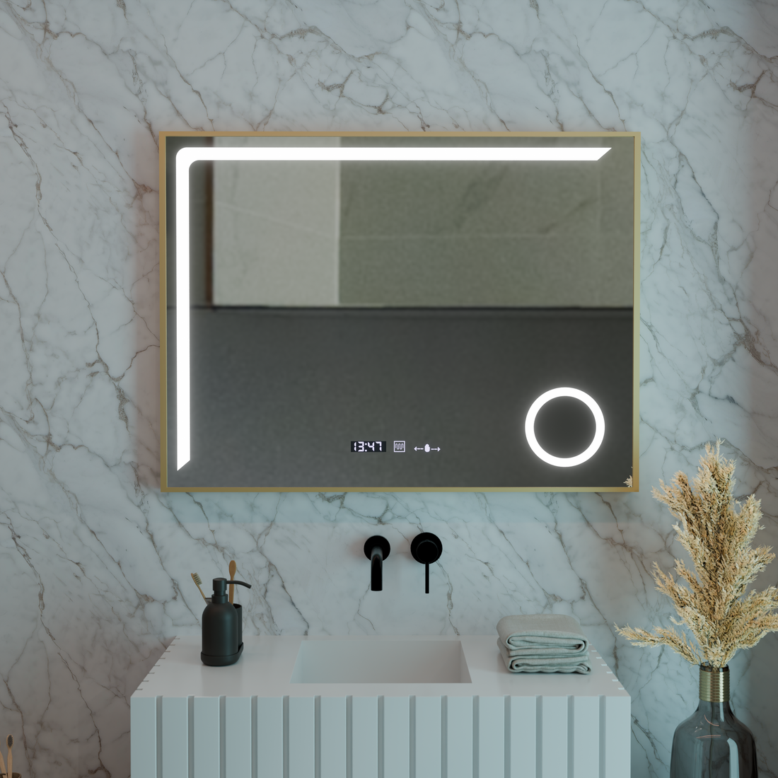 Oglinda LED 80×60 cm cu ramă neagră, senzor, dezaburire, ceas, termometru și lumină reglabilă
