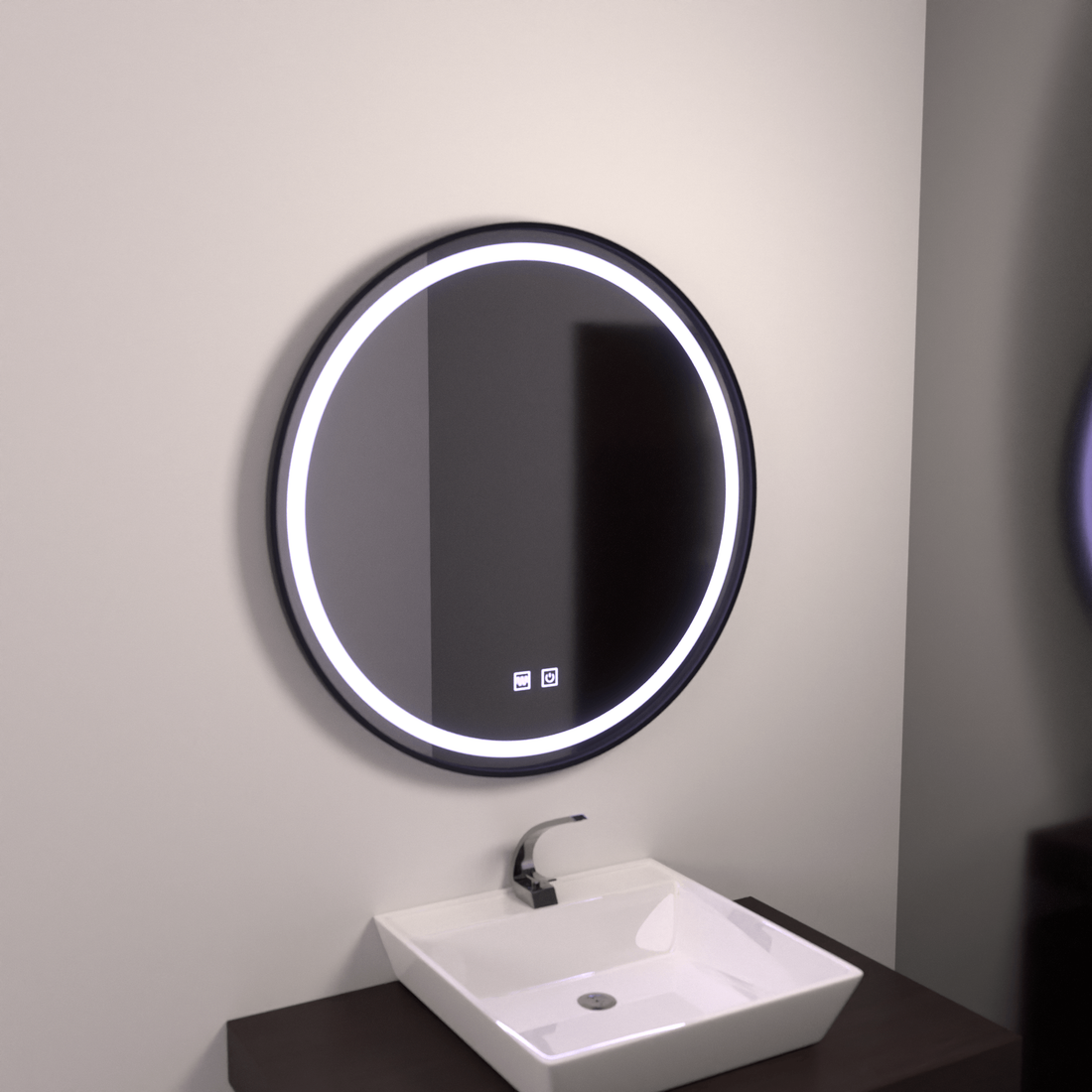 Oglinda LED Rotundă cu Touch, 60cm, Iluminare Rece, Sistem Dezaburire, Ramă Neagră