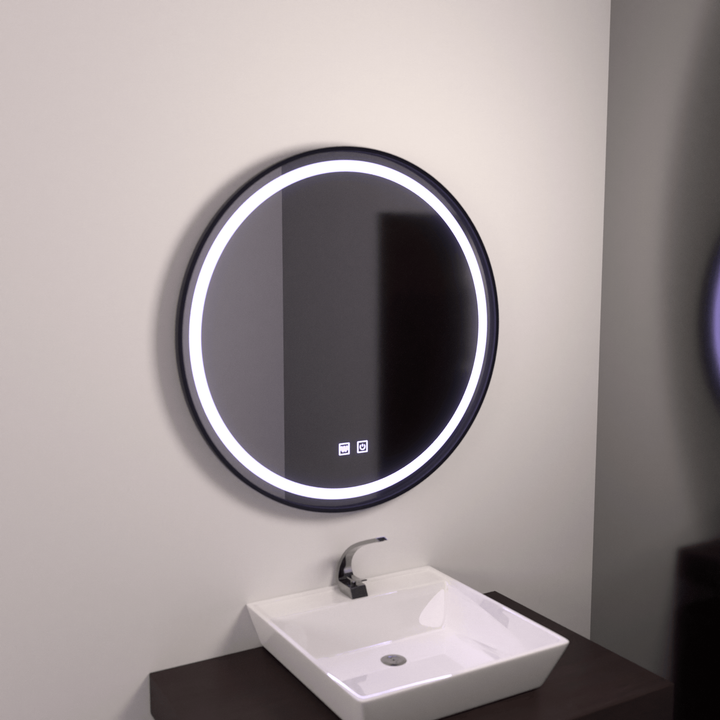 Oglinda LED Rotundă cu Touch, 60cm, Iluminare Rece, Sistem Dezaburire, Ramă Neagră