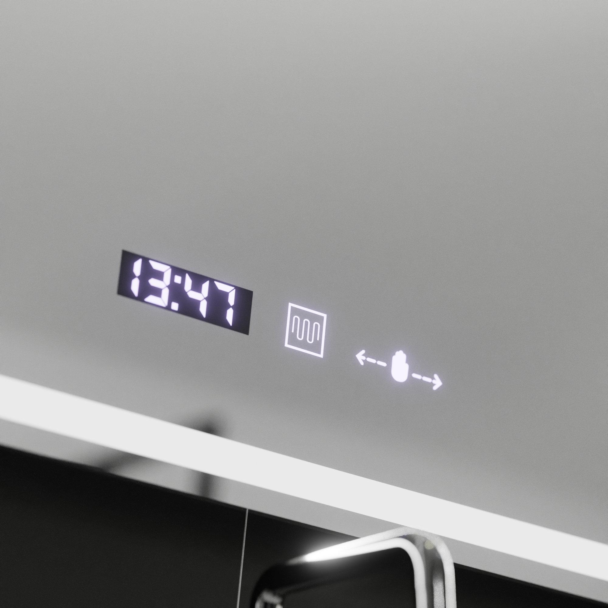 Oglinda LED 90×60 cm cu senzor, dezaburire, ceas digital și lumină reglabilă