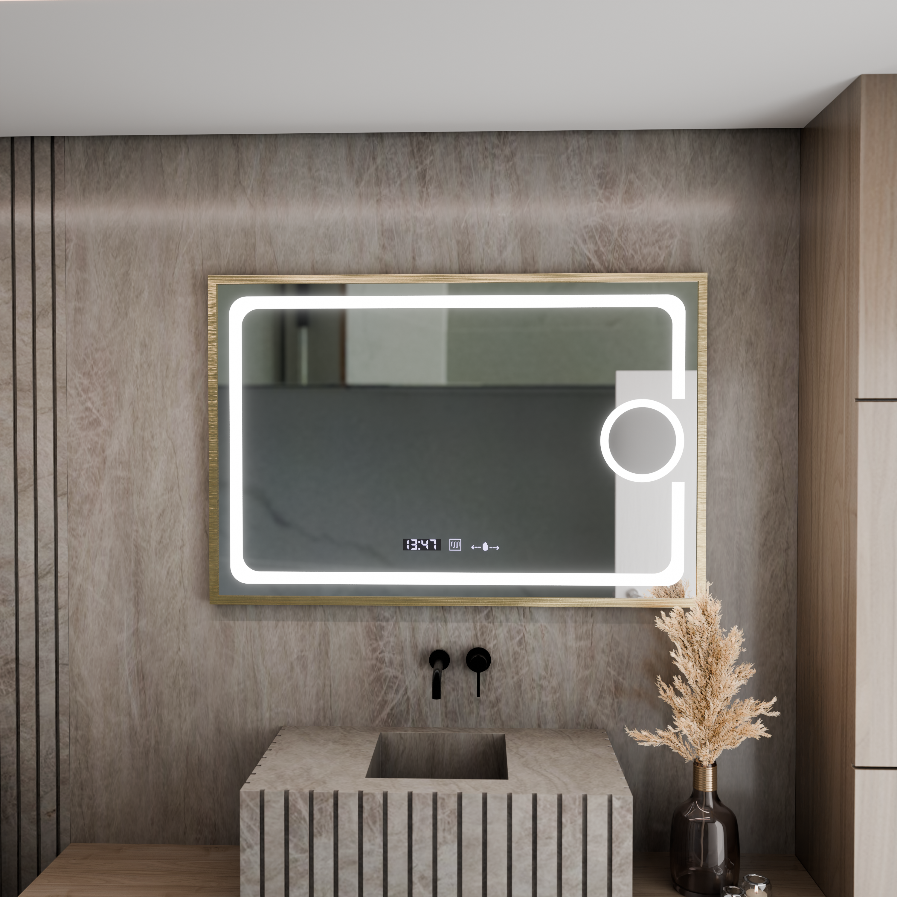 Oglindă LED 120×80 cm cu senzor, 3 tipuri de lumină, dezaburire și afișaj digital – IP44