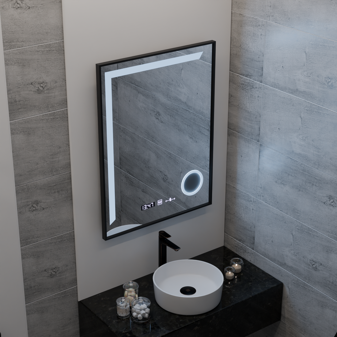 Oglinda LED 60×80 cm cu ramă neagră, senzor, dezaburire, ceas, termometru și lumină reglabilă