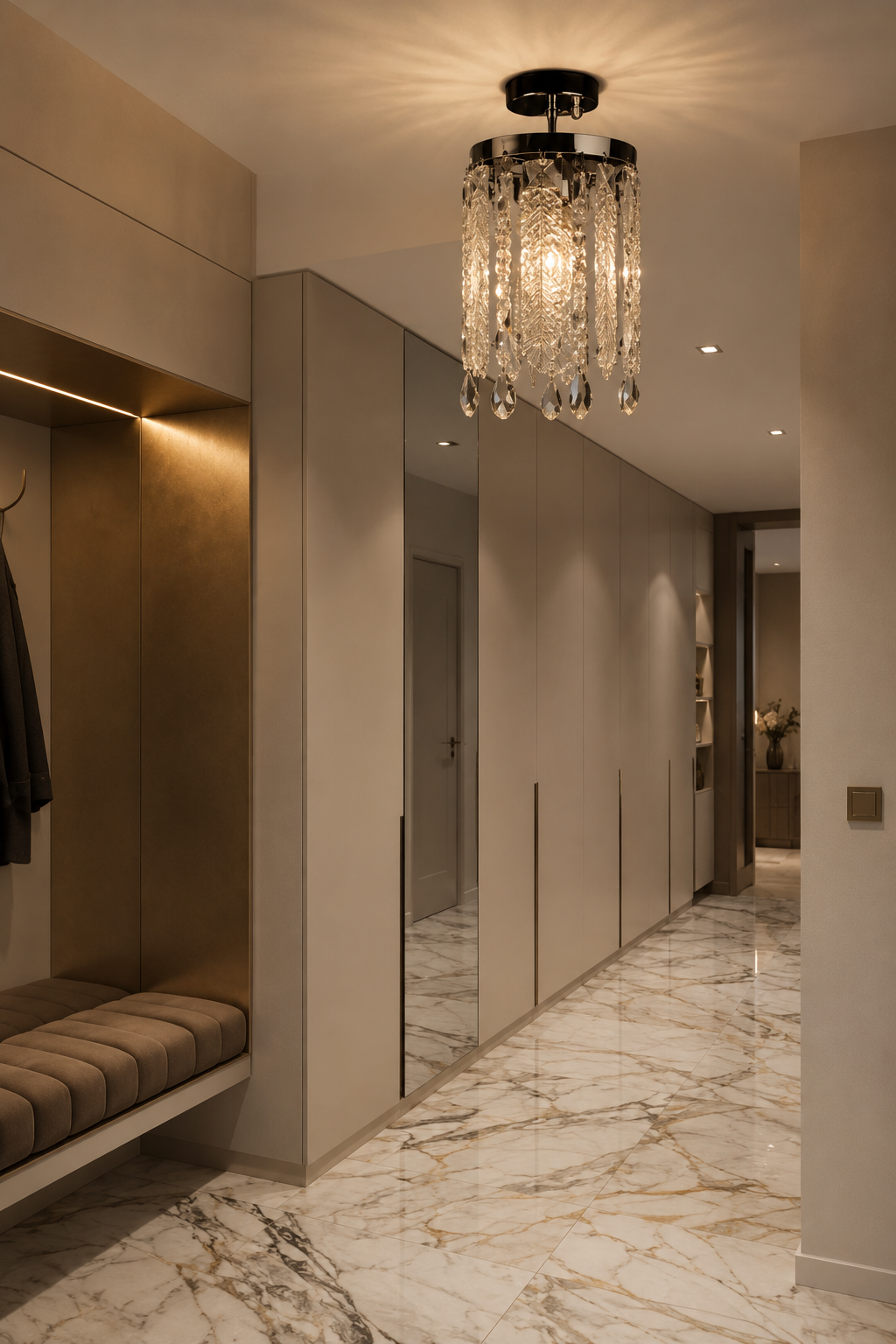 Pendul  decorativ cu cristale, 1 bec E27, 160×160×700 mm, montaj aplicat, finisaj auriu lucios