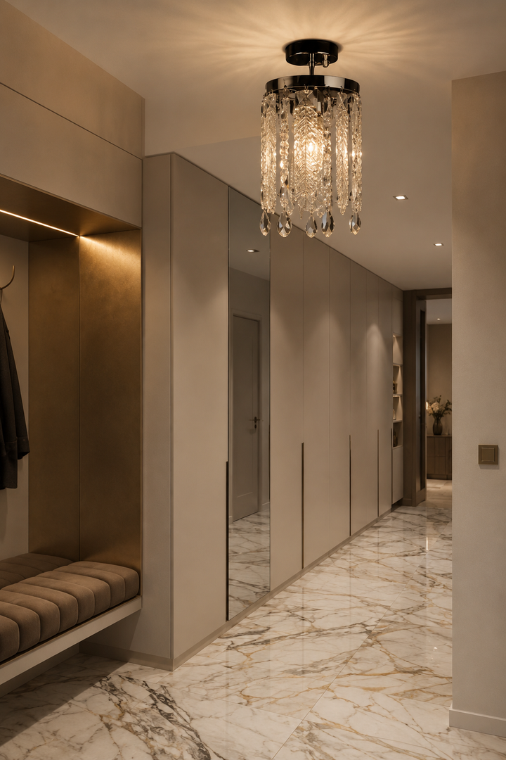Pendul  decorativ cu cristale, 1 bec E27, 160×160×700 mm, montaj aplicat, finisaj auriu lucios