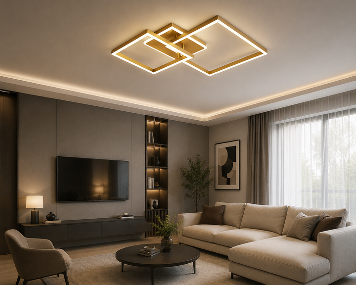 Lustra LED cu telecomanda, 2x71W, lumina reglabila 3000K–6500K, 550×550×150 mm, design pătrat modern