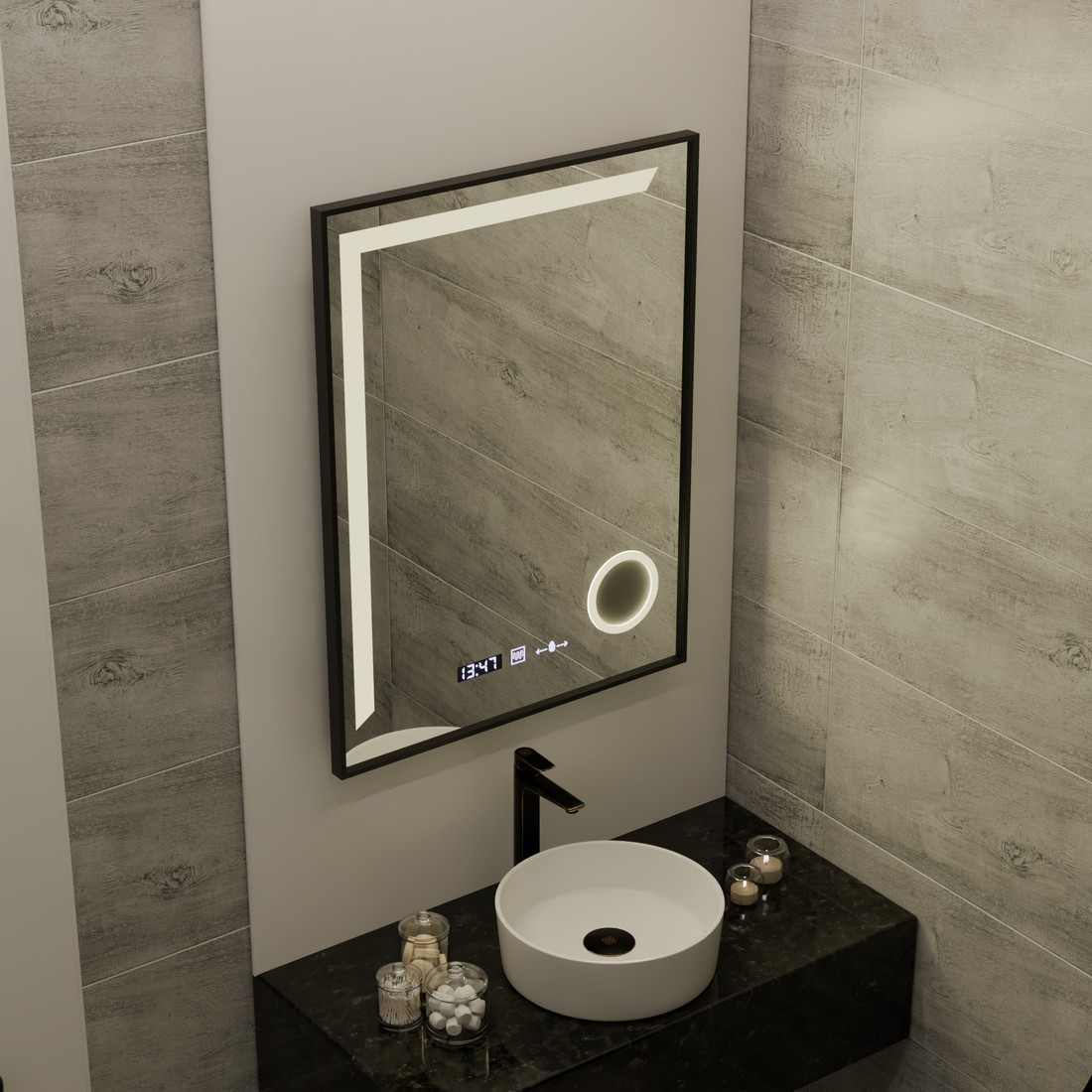 Oglinda LED 60×80 cm cu ramă neagră, senzor, dezaburire, ceas, termometru și lumină reglabilă