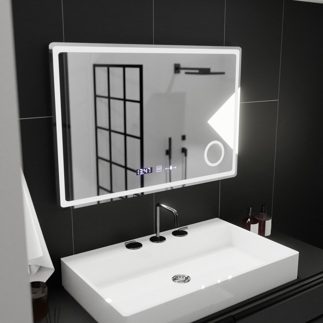 Oglinda LED 90×60 cm cu senzor, dezaburire, ceas digital și lumină reglabilă