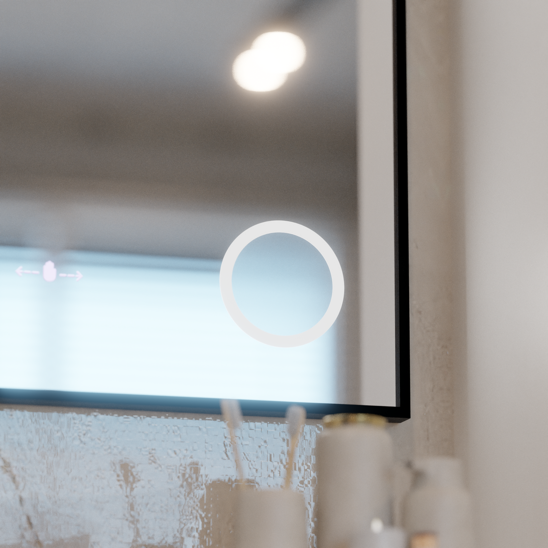 Oglinda LED 80×60 cm cu ramă neagră, senzor, dezaburire, ceas, termometru și lumină reglabilă