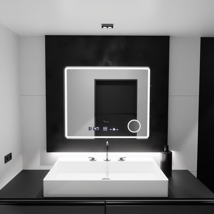 Oglinda LED dreptunghiulara 90×75 cm cu senzor, dezaburire, lupă, ceas și lumină reglabilă