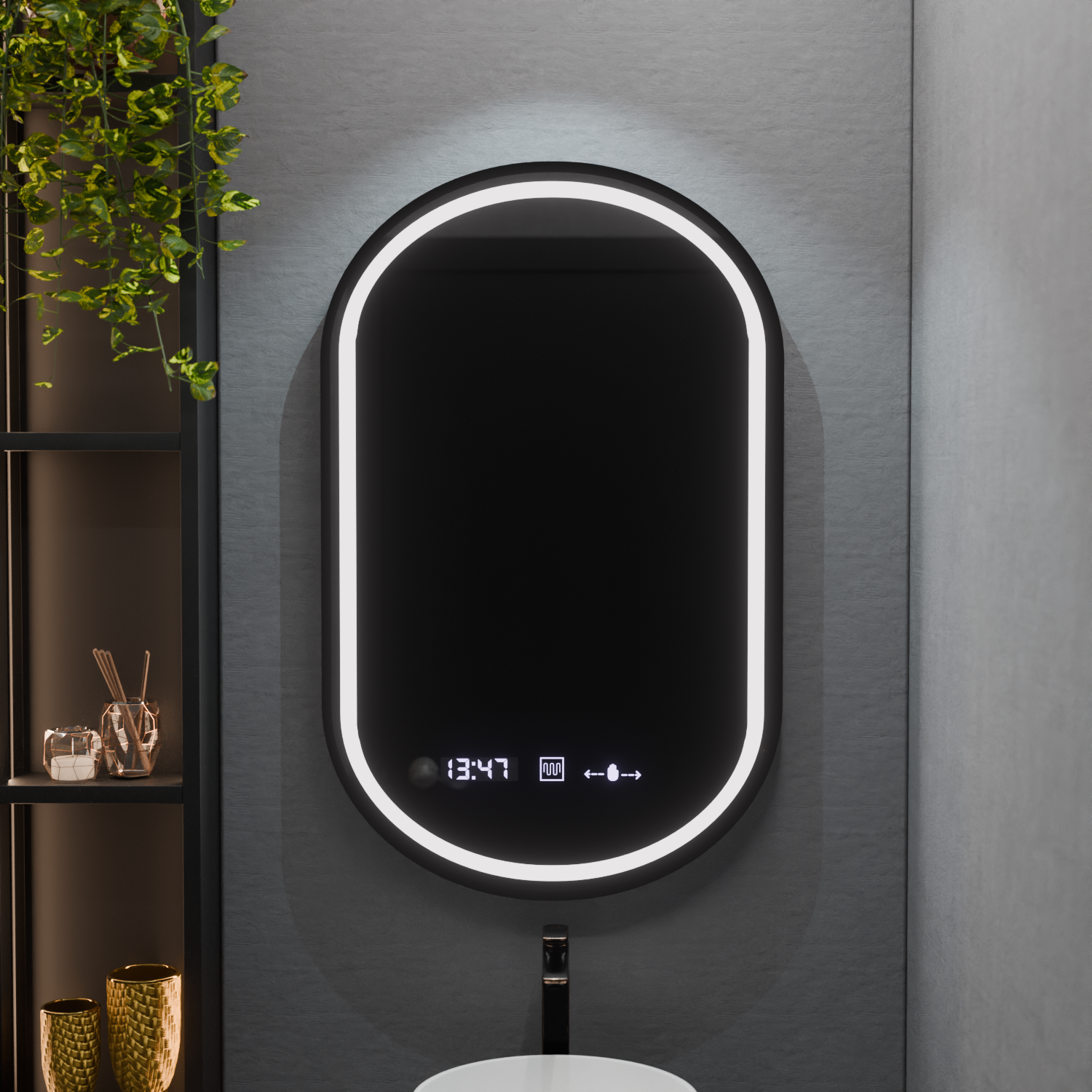 Oglinda LED Ovala 50x80 cm, cu Senzor, Iluminare Dimabilă, Dezaburire, Ceas și Termometru