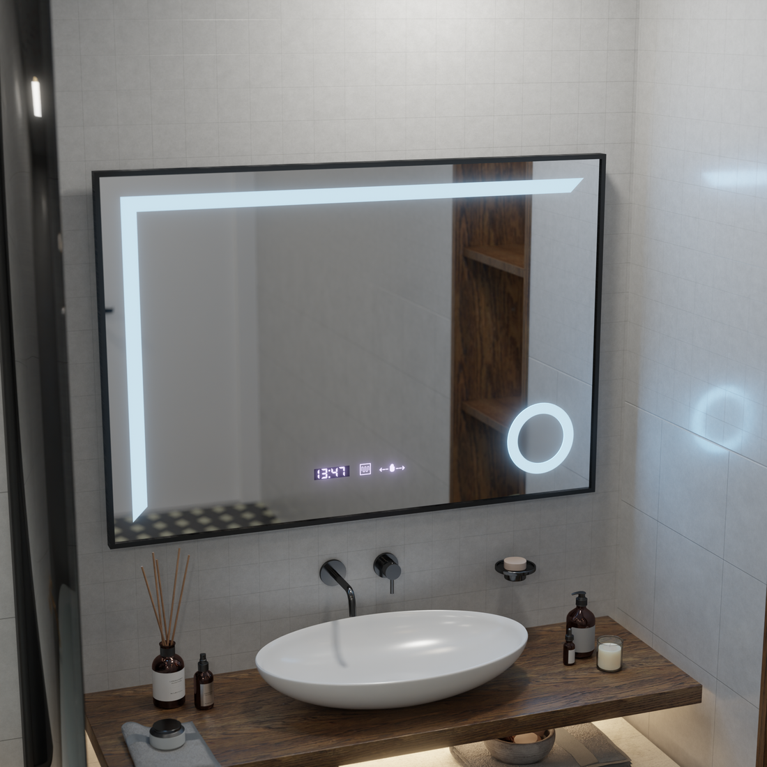 Oglinda LED 110×75 cm cu ramă neagră, senzor, dezaburire, ceas, termometru și lumină reglabilă