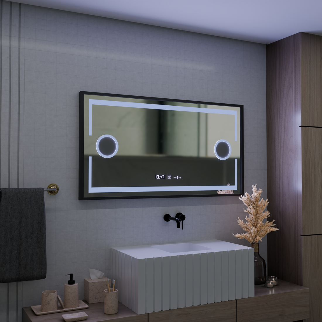 Oglinda LED Senzor cu functie Dezaburire Termometru Ceas 120x65 cm Lumina Rece/Calda/Neutra Dimabila, Rama Negra