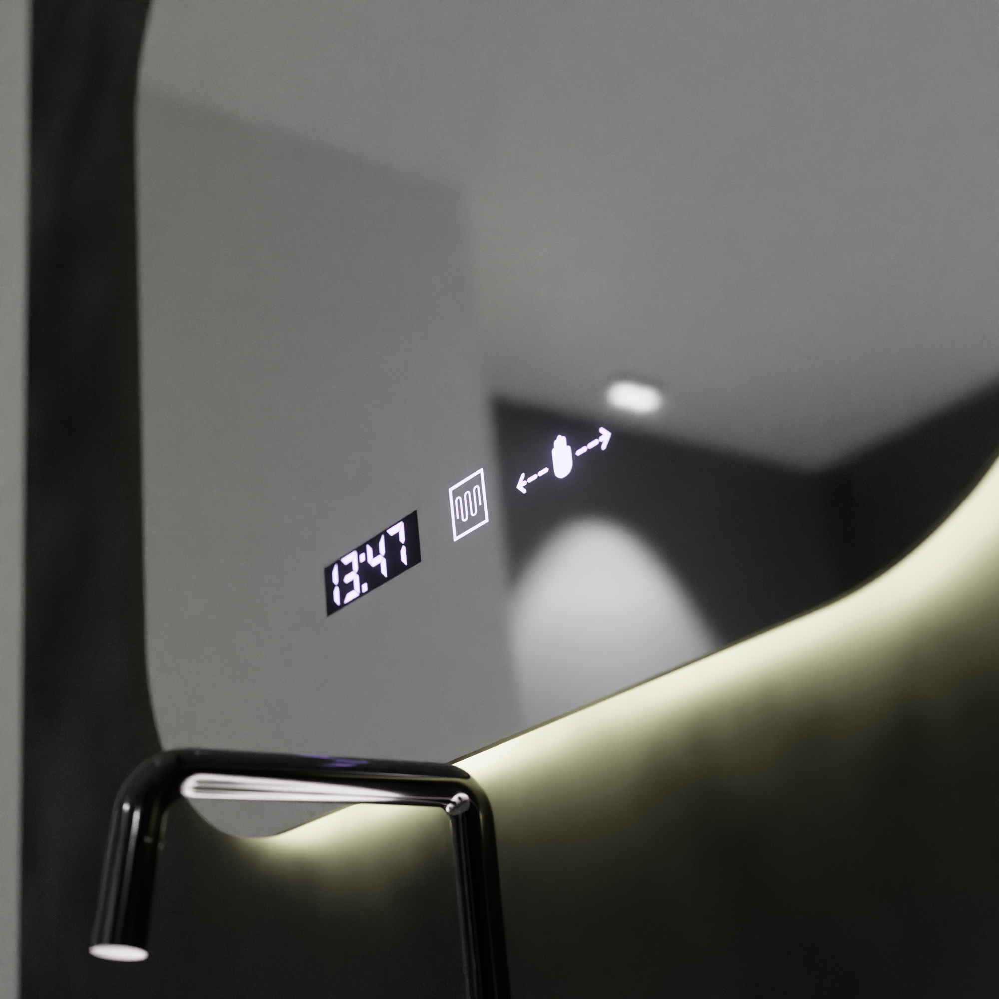 Oglinda LED 60×60 cm cu dezaburire, ceas digital și lumină reglabilă