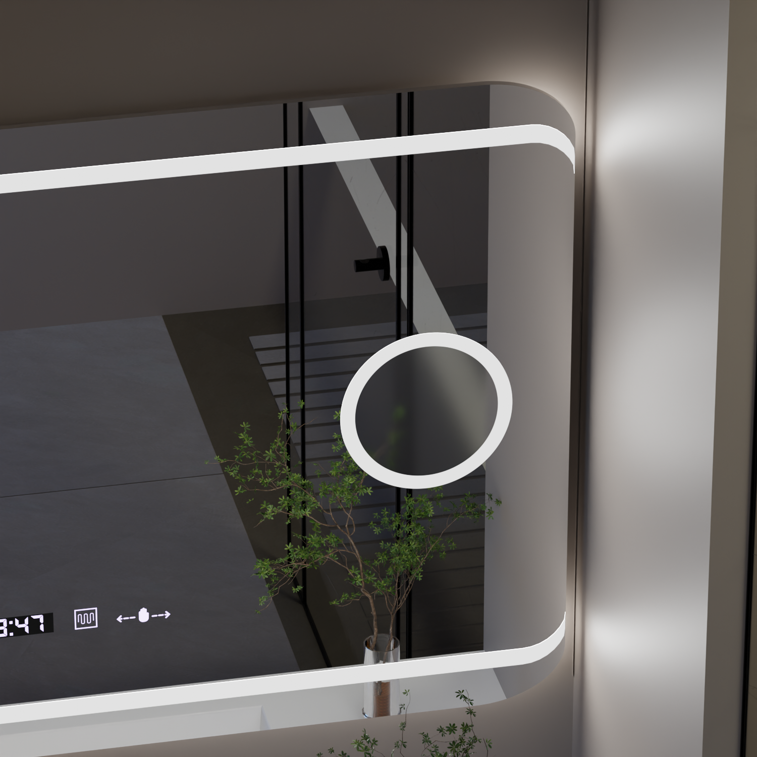 Oglinda LED 120×80 cm cu senzor, dezaburire, ceas, termometru și lupă cosmetică