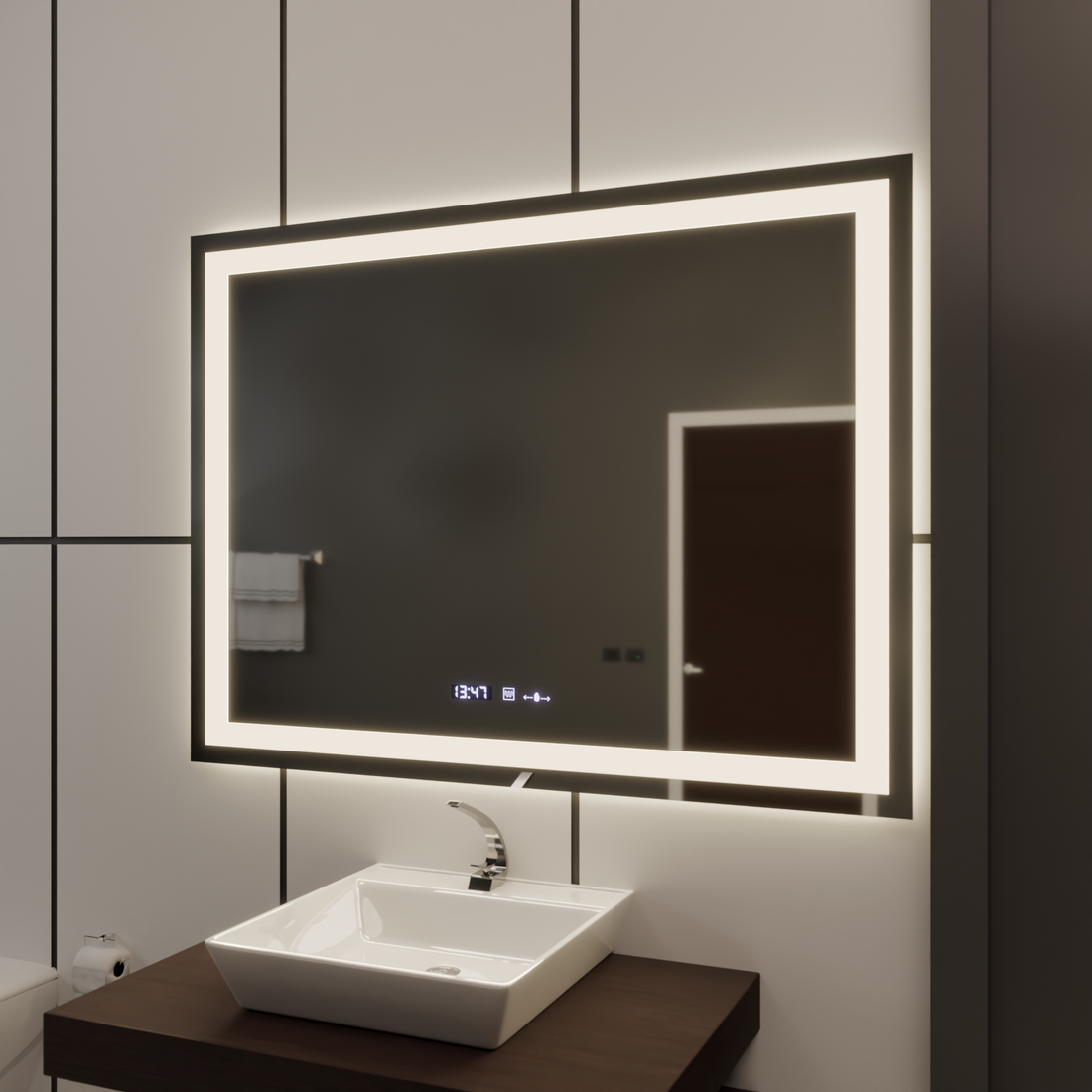 Oglinda LED 120x80cm cu Iluminare Dimabilă, Senzor Touch, Dezaburire, Ceas și Termometru