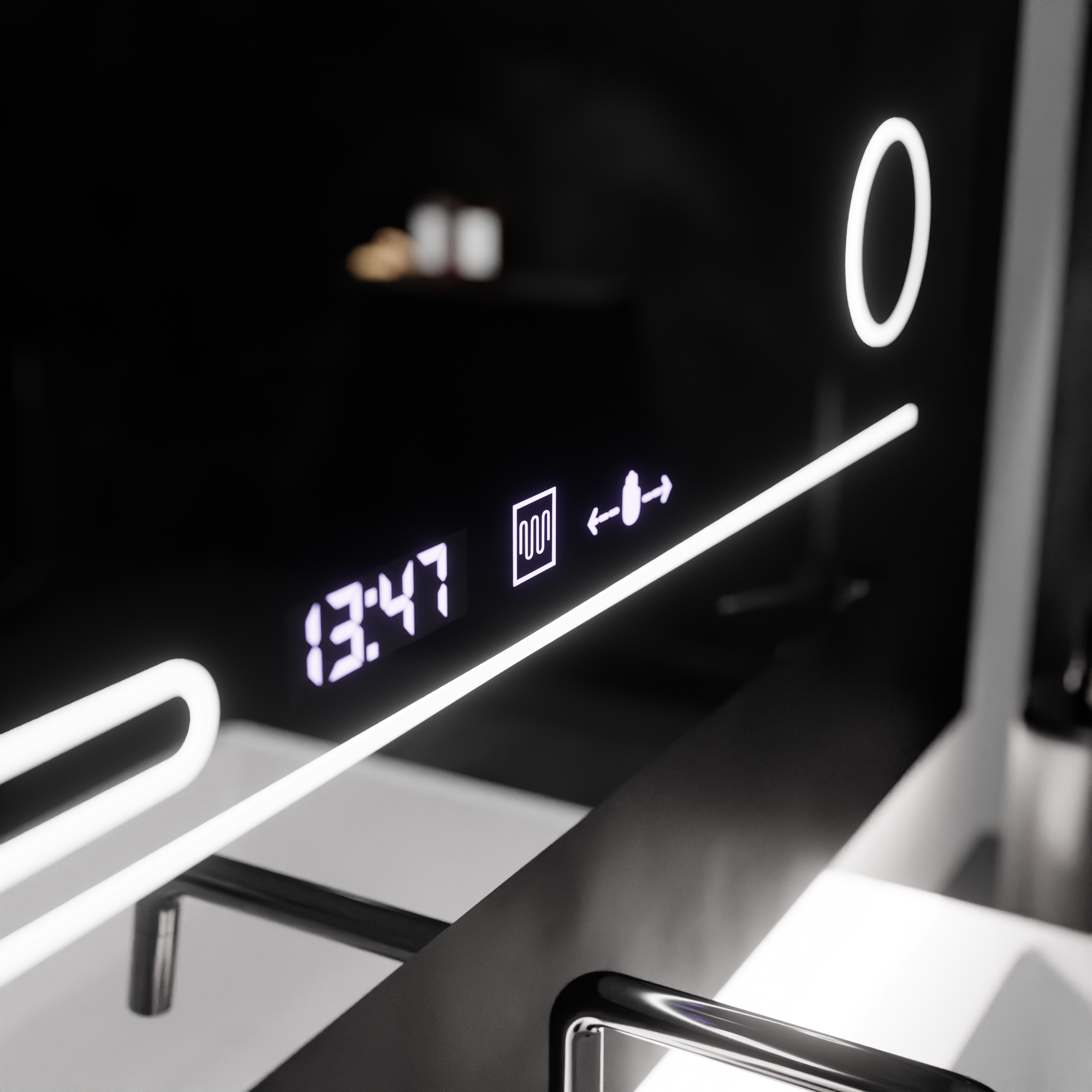 Oglinda LED 80×60 cm cu senzor, dezaburire, ceas digital, lupa si lumină reglabila